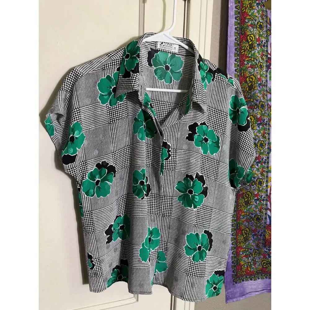 Vintage 80s Fink Modell 2 Piece Skirt Blouse Set Green Floral Plaid Size 40/L